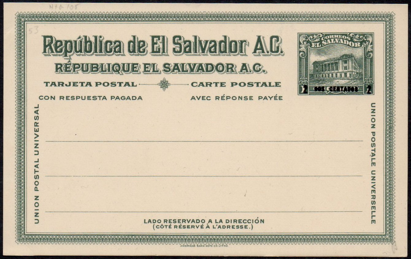 sellos timbres-poste Briefmarken stamps El Salvador 1923 DOS CENTAVOS / 1 centavo Postal Stationery Card Ganzsache Entier Postal Tram Trolley Tranvia National Theatre teatro nacional 